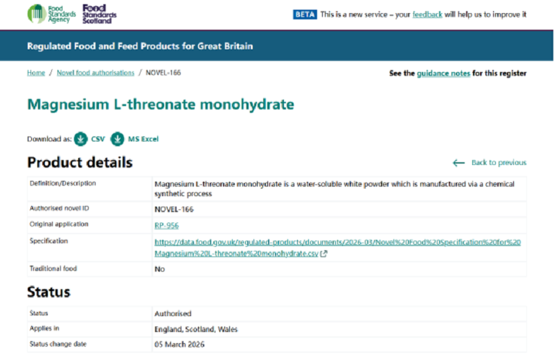 Magtein®L-苏糖酸镁再获国际性批准，英国政府批准其为新型食品，并实施五年独家保护